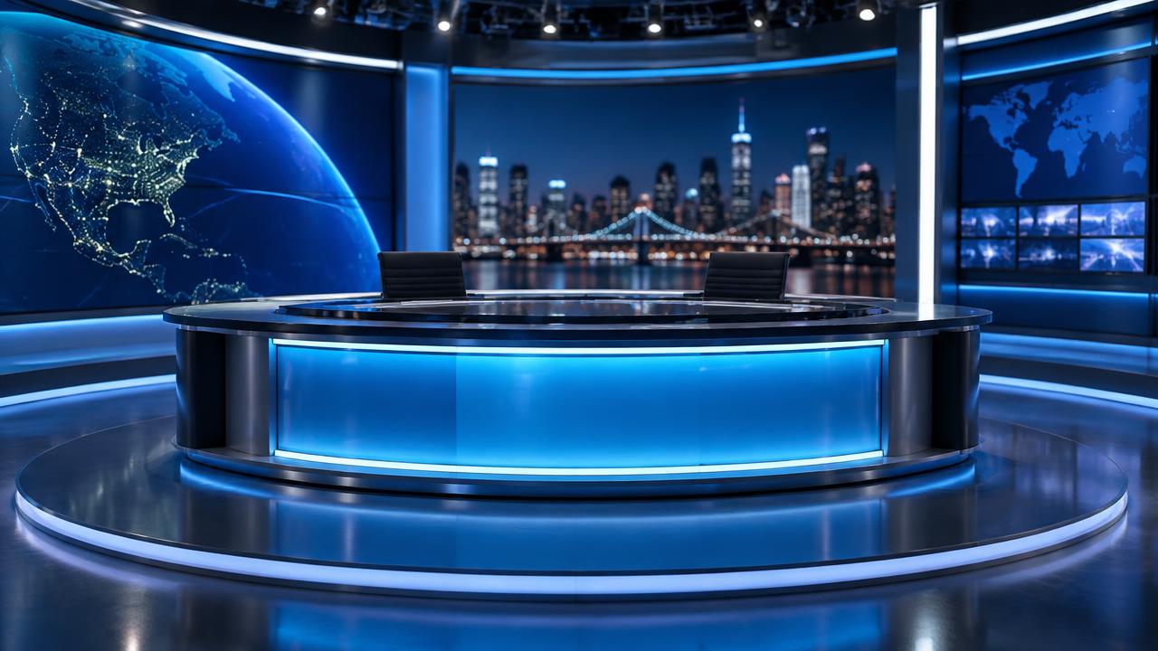 Television news studio set used for the rehearsal broadcast